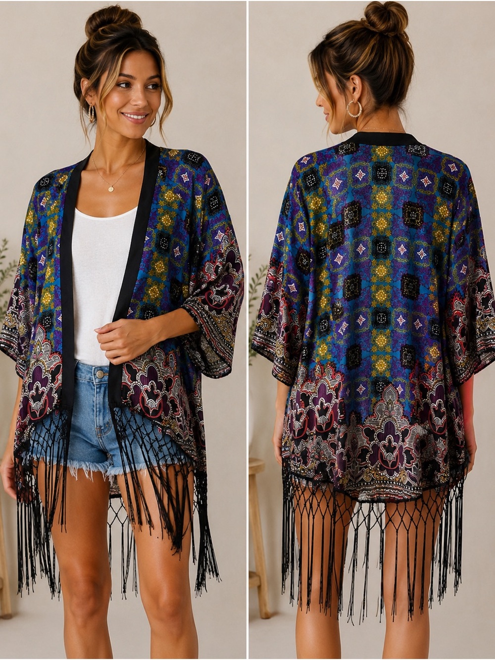 Flying Tomato Kimono M Boho Fringe Paisley Festival Open Front Cardigan